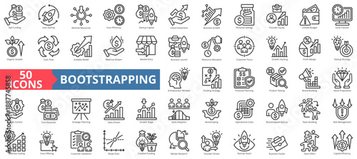 bootstrapping icon set outline style illustration. containing self-funding, lean startup, growth hacking, capital efficiency, early adoption, revenue stream, founder-driven, strategic planning