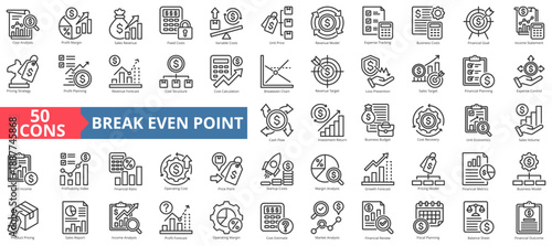 break-even point icon set outline style illustration. containing cost analysis, profit margin, sales revenue, financial planning, business model, investment return, income statement, cash flow