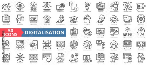 digitalisation icon set outline style illustration. containing technology adoption, e-government service, automated system, interactive tool, electronic record, mobile access, cloud computing