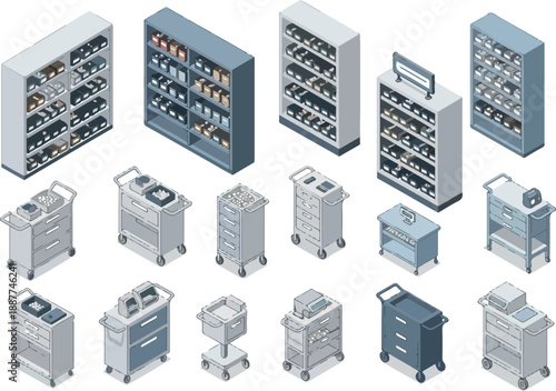 Isometric Hospital Equipment Storage Shelves and Rolling Carts