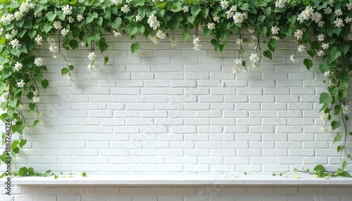 Green vines with white flowers cascade over a white brick wall and a simple shelf. This airy, light background suggests nature, growth, and a clean, minimalist aesthetic for decor or wellness themes.