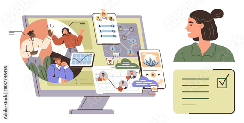Team collaboration, online project management, task tracking, workflow optimization, productivity tools, virtual meetings. A monitor showing collaborative software and a woman observing. Team