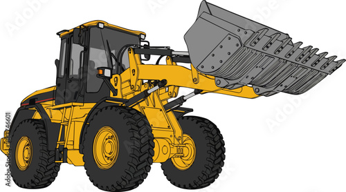 A detailed illustration of a heavy-duty yellow front-end loader with a large bucket, used for construction and earthmoving.
