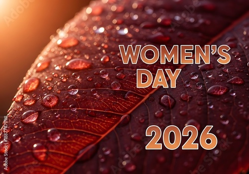 Women's Day 2026 text overlay on red leaf with sparkling water droplets