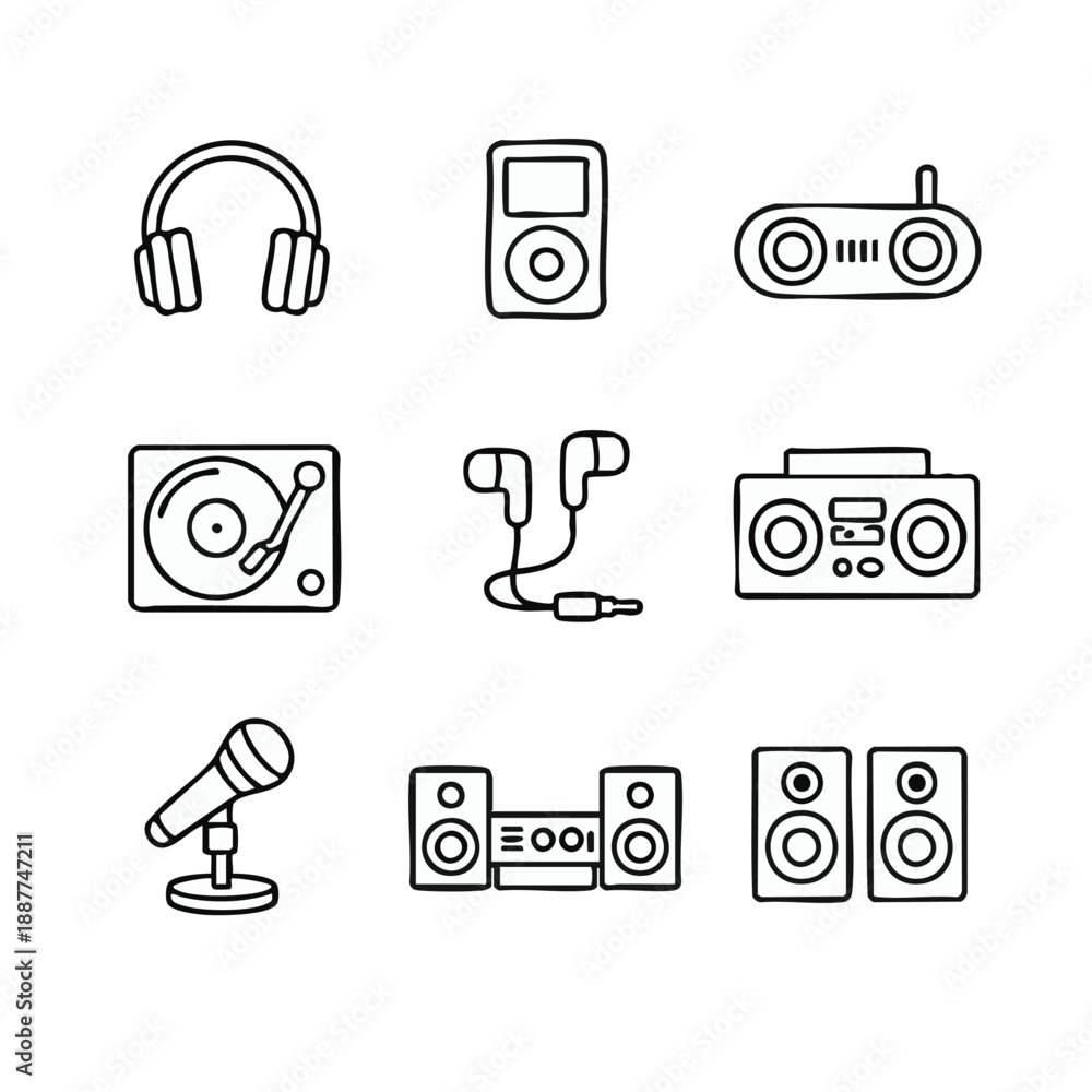 Fototapeta premium Set of audio devices and accessories icons