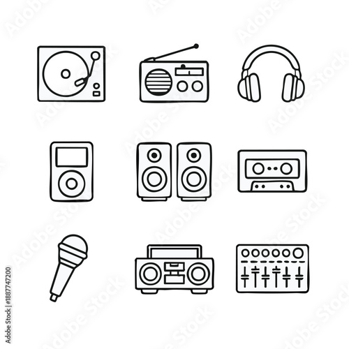 Collection of audio equipment icons in line