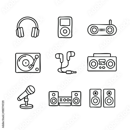 Set of audio devices and accessories icons