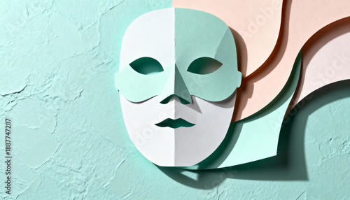 Handmade paper mask with geometric folds on textured background. Abstract carnival or Purim costume concept. Pastel mint green and white split face art © Anna
