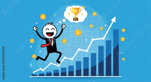 Cartoon businessman celebrates financial growth and success with trophy.
