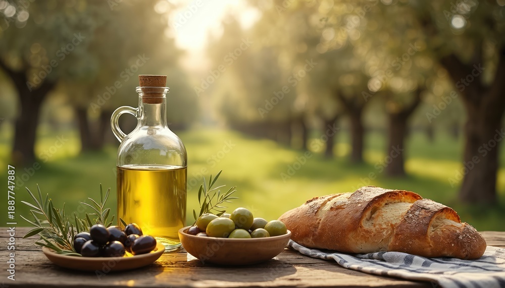 Fototapeta premium Rustic wooden table displays fresh olives, crusty bread, golden olive oil in glass bottle. Sunlit Italian olive grove provides scenic, natural background. Setting suggests authentic Mediterranean