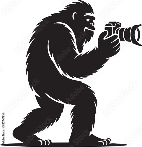 Silhouette of Bigfoot taking a picture with a professional camera