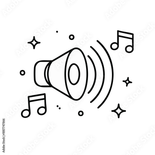 Speaker with musical notes and sound waves