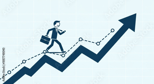 Businessman climbing up a rising stock market graph on a skateboard.