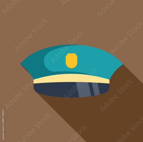 Police cap icon with shield and long shadow representing law enforcement and authority