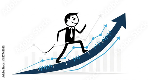 Businessman climbing up an upward trending arrow graph representing success.