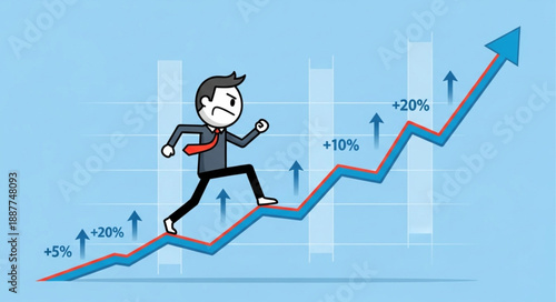 Businessman climbing up a rising stock market graph.
