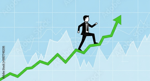 Businessman climbing up green arrow graph representing financial growth.