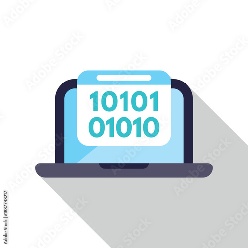 Laptop screen displaying binary code representing data, programming, and technology concepts
