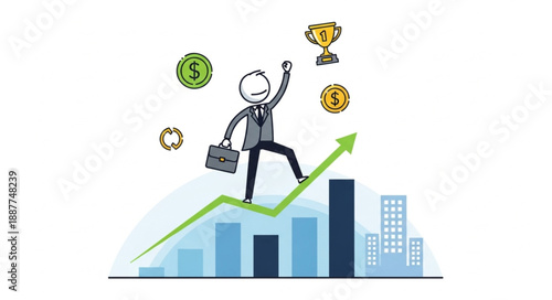 Businessman climbing upward on a financial graph towards success and trophies.