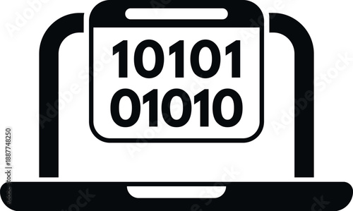 Laptop screen showing binary code representing computing, programming, and data