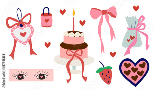 Set of hand drawn cute elements for Valentines day, wedding invitation, birthday card. Girly bows, hearts, ribbons, gift, flowers, cake, chocolate box, eyes. Vintage elegant vector illustration.	