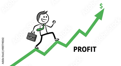 Businessman climbing upward profit graph with briefcase and tie.