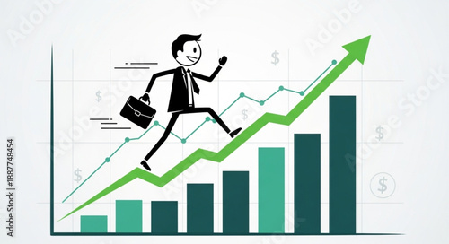 Businessman running up a green financial growth chart with briefcase.