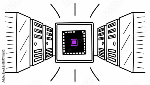 Glowing 3D computer processor unit with purple neon circuitry and golden connectors, representing high-tech hardware, data processing, and digital logic