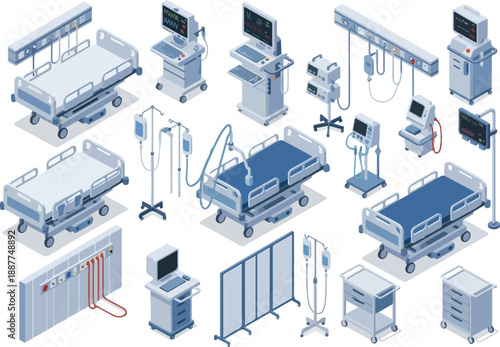 Isometric Hospital Medical Equipment Beds, Monitors, and Stands