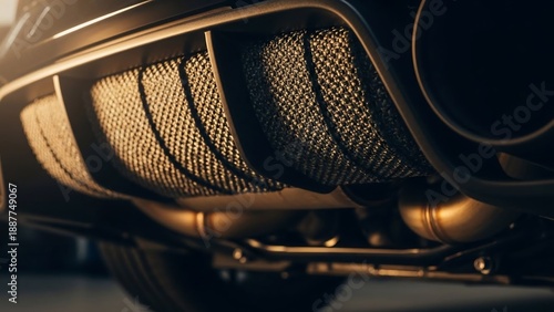 Close-up of a car's exhaust pipe with a metallic mesh.