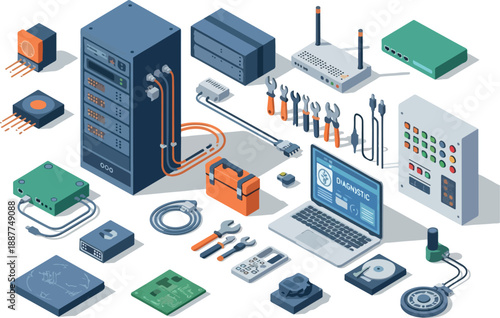 Isometric IT Infrastructure Setup Tools, Hardware, and Network Components