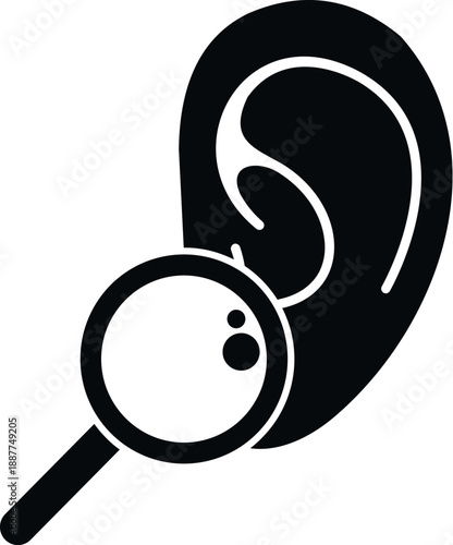 Ear with magnifying glass inspecting hearing health, audiology, and medical concept