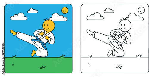 Cute stick figure practicing karate kick vector illustration, coloring page and colored version for kids activity book, martial arts training with blue belt in park under sunny sky