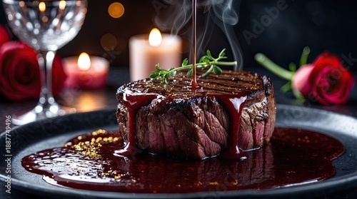 Gourmet Grilled Filet Mignon with Red Wine Jus and Romantic Ambience