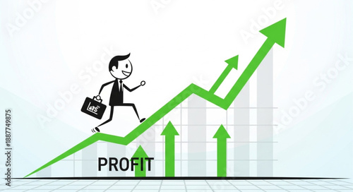 Cartoon businessman running up a green profit graph showing upward trend.