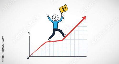 Cartoon character celebrates reaching the top of a rising graph holding a flag.