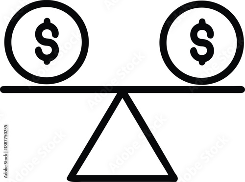 Financial balance, money equality, dollar sign scale, economic equilibrium vector icon