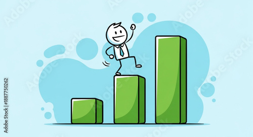 Cartoon man climbing green bar graph representing success and growth.