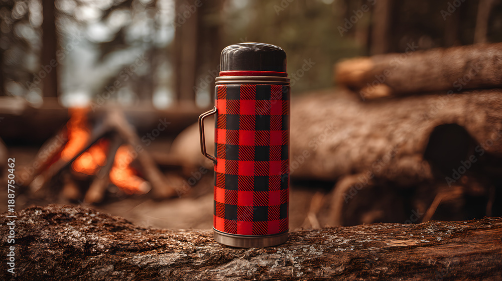 Obraz premium Ultra HD Red and black plaid thermos bottle on a log in a forest with a cozy campfire burning in the background, perfect for camping and outdoor adventures image