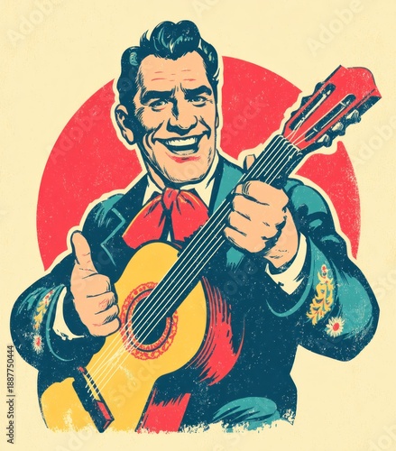 Smiling man in traditional suit playing guitar and giving thumbs up in vintage retro pop art illustration style Generative AI