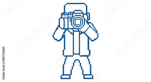 pixel art photographer character taking a picture with a retro style camera suitable for digital media projects and creative online content