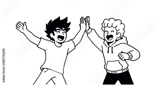 pixel art high five between two happy young men celebrating teamwork friendship and success with enthusiasm ideal for digital projects.