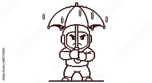 pixel art character umbrella rain shows determined figure in retro style illustrating resilience protection challenging situations.