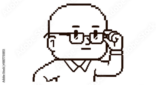 pixel art man with glasses adjusting them reflecting a concept of deep thought analysis or careful scrutiny for business presentations and digital design.
