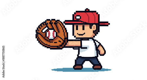 pixel art baseball player character smiling holding a baseball glove with a ball ideal for retro game development sports app icons and youthful digital content.