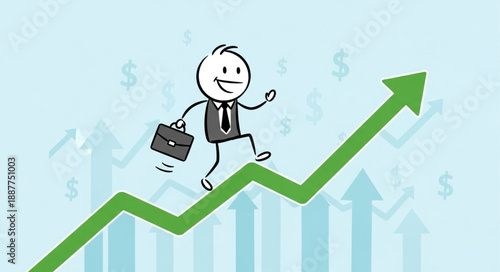 Cartoon businessman climbing up green arrow graph representing financial growth.