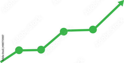 green line graph showing steady upward growth trend with data points and positive performance indicators isolated on whitte background.