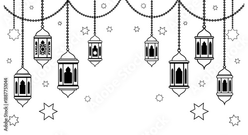 ramadan kareem background with traditional islamic hanging lanterns and stars for festive eid al fitr celebrations and holy month design