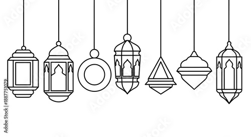 ramadan lanterns line art vector illustration showcasing a variety of hanging arabian lamps for islamic holiday celebrations and festive backgrounds