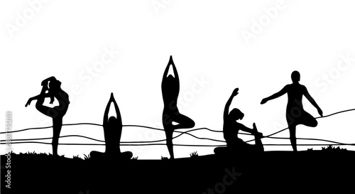 yoga practice silhouettes of women performing diverse peaceful poses outdoors in a natural landscape perfect for wellness and mindfulness.